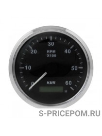 Тахометр 0-6000 об/мин со счетчиком моточасов делитель 1-10, черный циферблат, нержавеющий ободок, д. 85 мм