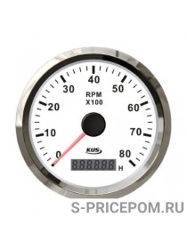 Тахометр 0-8000 об/мин со счетчиком моточасов делитель 0.5-250, белый циферблат, нержавеющий ободок, д. 85 мм